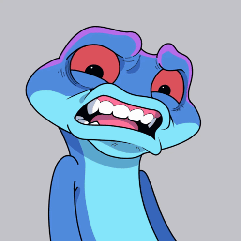 a cartoon drawing of a blue lizard with red eyes and teeth