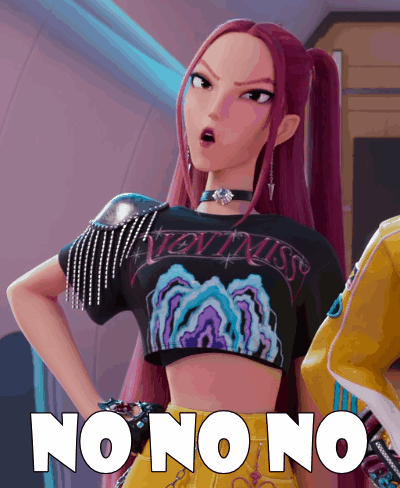 An animated woman in a dark outfit gestures beneath repeated “NO NO NO.”
