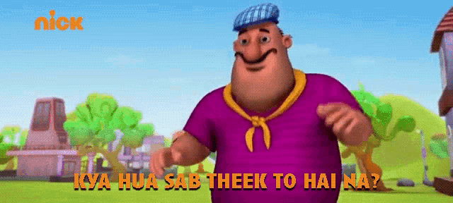 a cartoon character with the words kya hua sab theek to hai na written on the bottom