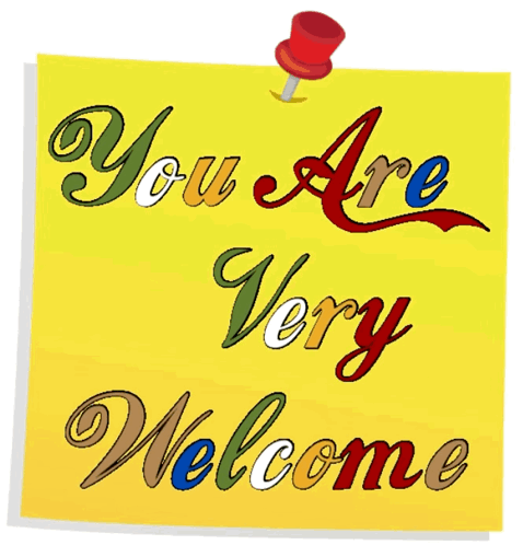Decorative multicolored lettering on yellow says “You Are Very Welcome.”