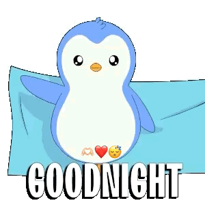a penguin is laying on a pillow with the words `` good night '' written below it .