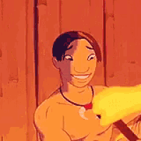 a cartoon character is smiling while holding a yellow object in front of a wooden wall .