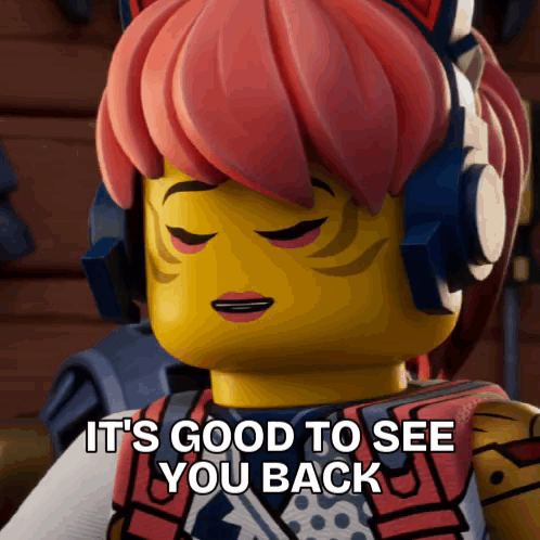 a lego character with headphones on says " it 's good to see you back "