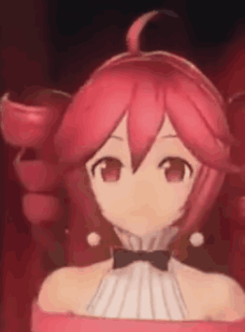 a close up of a red haired anime girl with a bow tie .