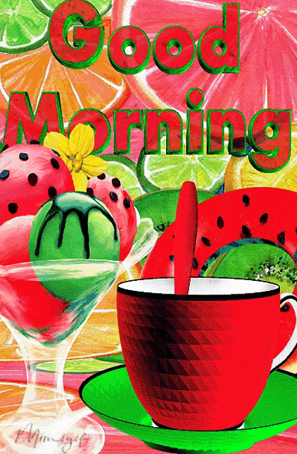 a painting of a cup of coffee and a bowl of fruit with the words good morning