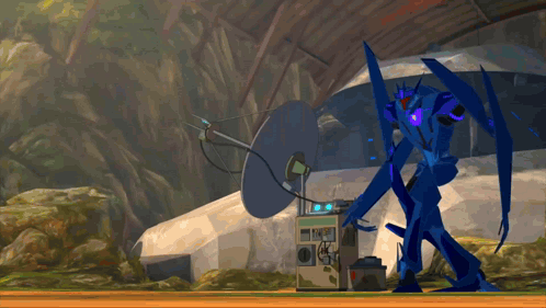 a blue robot is standing in front of a building with a satellite dish