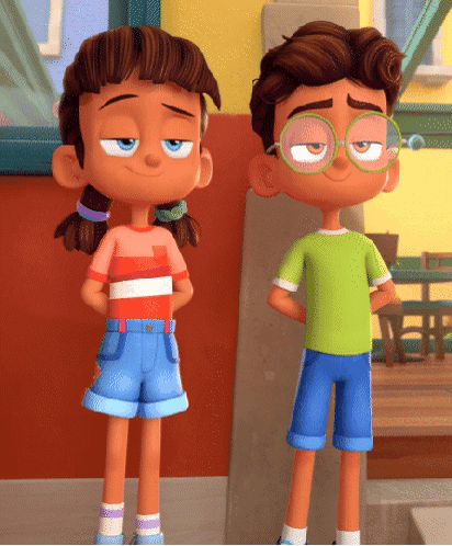a boy and a girl are standing next to each other with their eyes closed