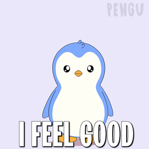 a penguin with its arms outstretched and the words i feel good below it
