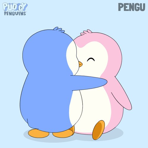 Two pastel penguins embrace in a sweet cartoon hug.