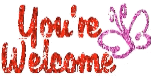 Red glittery lettering spells “You’re Welcome” with a purple flourish.