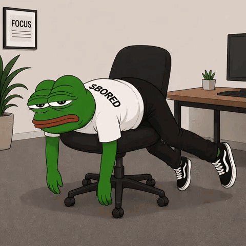Pepe the Frog slumps face-down over an office chair at a desk.