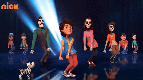 a group of cartoon characters are dancing in front of a nickelodeon logo