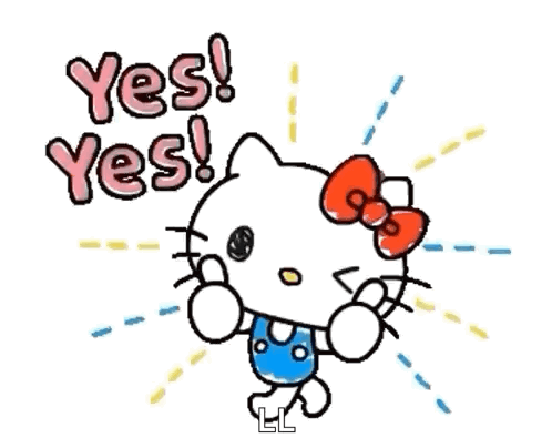 Hello Kitty raises both paws amid handwritten “Yes! Yes!” text.