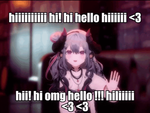 a picture of a girl with horns that says hi hi hello hiii < 3