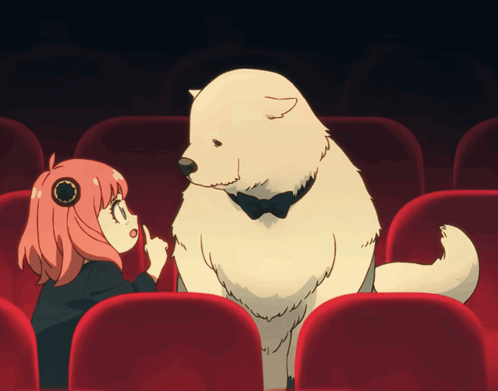 a girl sits next to a white dog in a bow tie