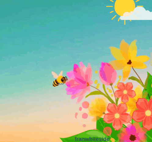 A bee flies among bright flowers under a sunny blue sky.