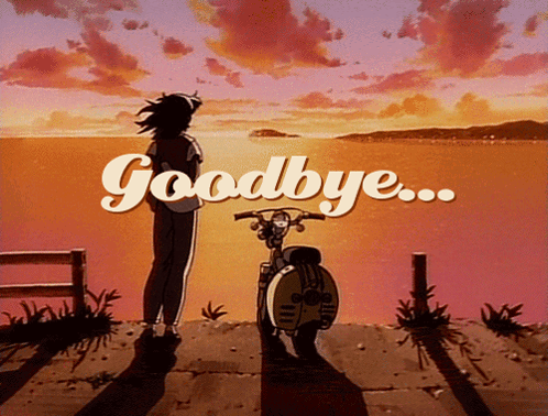 a poster that says goodbye with a person and a scooter in the foreground