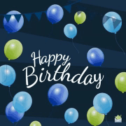 a birthday card with blue and green balloons and the words " happy birthday "