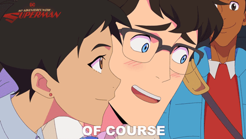 a poster for my adventures with superman shows a man kissing another man on the cheek