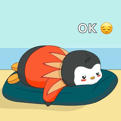 a cartoon of a penguin laying on a pillow with an ok sign above it