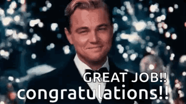 Leonardo DiCaprio in a tuxedo smiles amid falling confetti with “GREAT JOB!! congratulations!!”