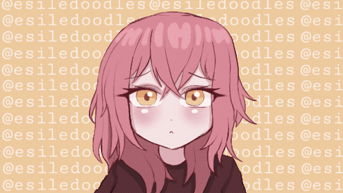 A pink-haired anime girl stares forward against a repeating text background.