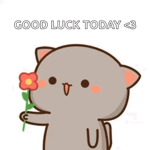 A round gray cartoon cat holds a flower beneath the caption “GOOD LUCK TODAY <3.”