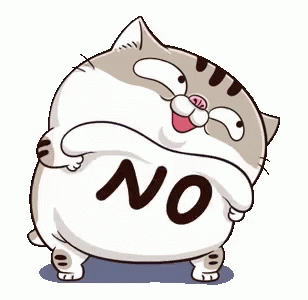 A round cartoon cat hugs itself around a large “NO.”