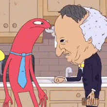 a cartoon of a man and a red monster