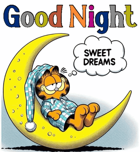 Garfield sleeps in a hammock on a yellow crescent moon beneath “Good Night” and a sweet dreams bubble.