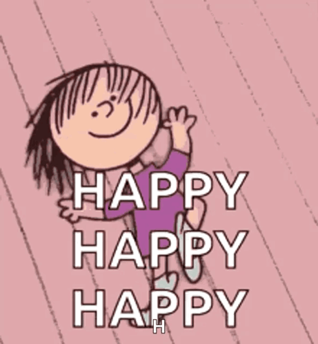 A cartoon child waves beneath large stacked text reading “HAPPY HAPPY HAPPY.”