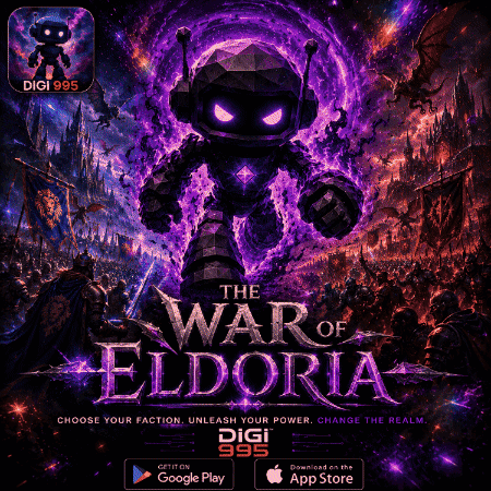 an advertisement for the war of eldoria shows a purple robot