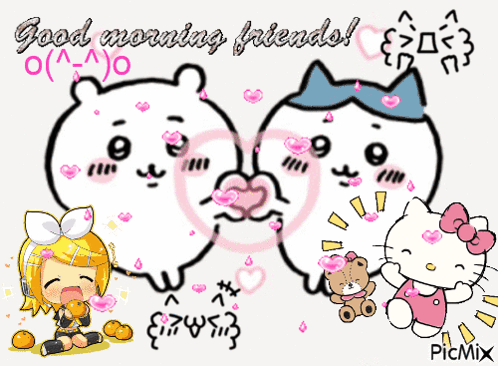 a picture of hello kitty and two bears with the words good morning friends below them