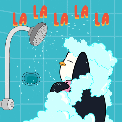 a cartoon of a penguin taking a shower with the words la la la la written above it