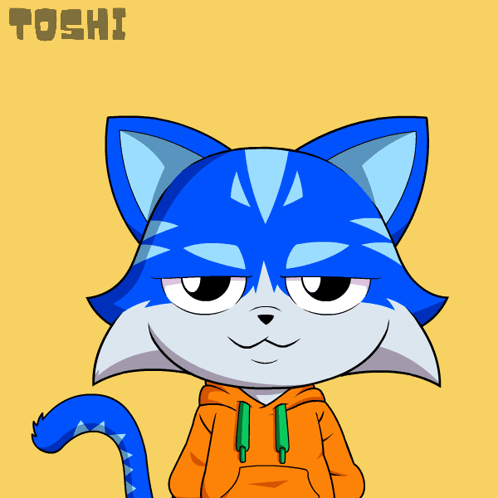 a cartoon drawing of a cat with the name toshi on the bottom right