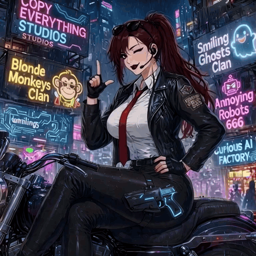 a woman is sitting on a motorcycle in front of a sign that says copy everything studios studios