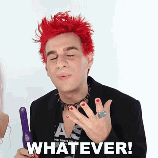 a man with red hair is holding a purple toy and the word whatever is above him