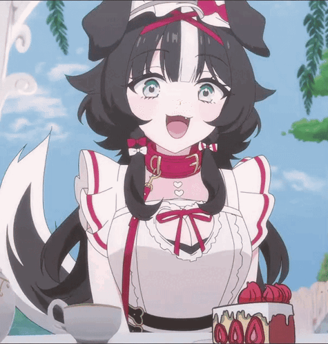 a black and white anime character with a red collar