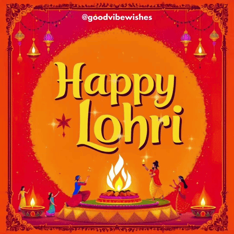 a poster that says happy lohri with a fire in the background