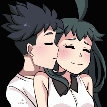 Two anime characters kiss against a dark background.