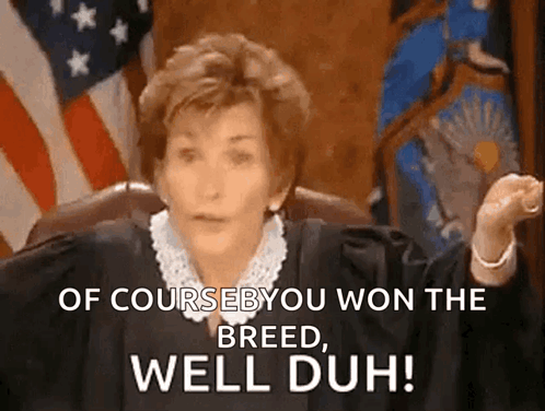 Judge Judy gestures in court while the caption reads “OF COURSE YOU WON THE BREED, WELL DUH!”.