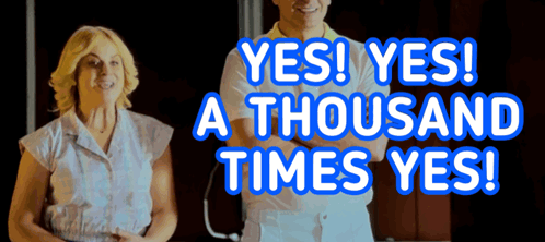 A woman points beside the caption “YES! YES! A THOUSAND TIMES YES!”