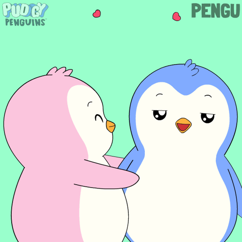 a cartoon of two penguins kissing with a heart above them that says " pengu "