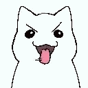 A white cartoon cat sticks out its tongue with an intense excited expression.