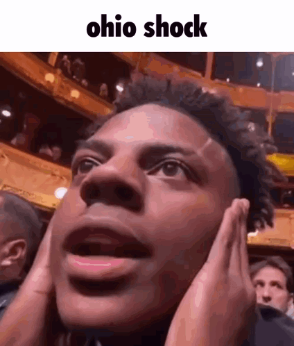A person in a crowd cups their cheek under the caption “ohio shock.”