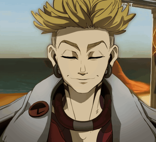 a cartoon drawing of a man with his eyes closed and a button on his jacket that says ' a ' on it