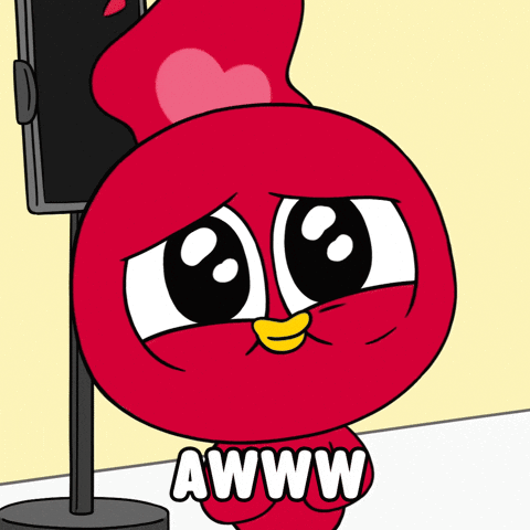 A red cartoon chick with huge teary eyes says “AWWW.”