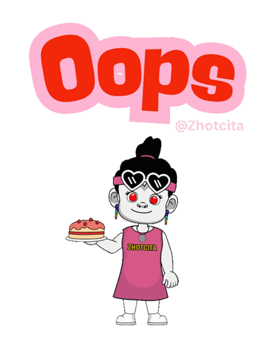a cartoon drawing of a girl with glasses and the word oops