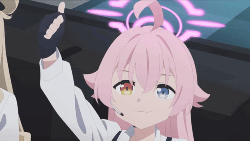 a girl with pink hair and blue eyes giving a high five