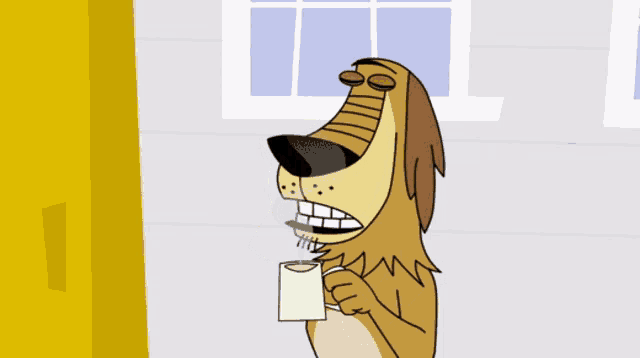 a cartoon dog holding a cup of coffee with steam coming out of it